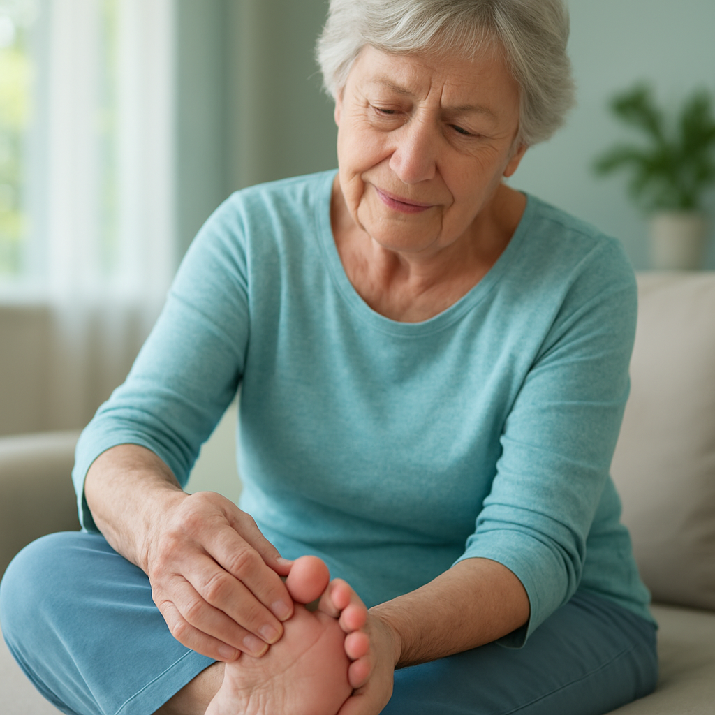 A person caring for their feet at home in soft natural light